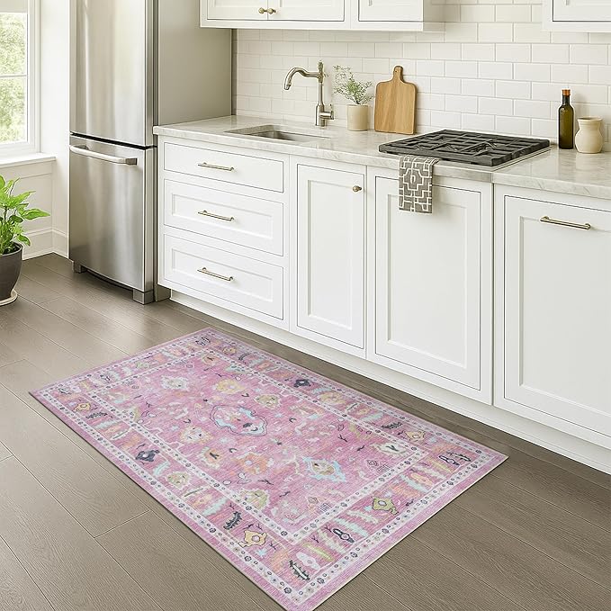 Fame Rugs Pink Modern Oushak Rug 3x5, Washable Vintage Turkish Colorful by FameRugs