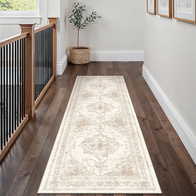 Runner Rug 3x8 Cream Hallway Washable Beige Carpet Non Slip Vintage Medallion - Image 5