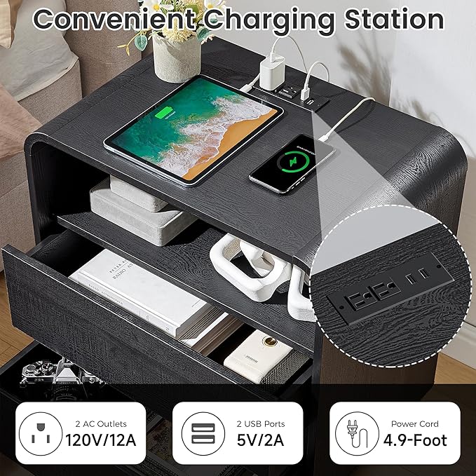 Black Nightstand with Charging Station, Modern End Table with 2 Storage Drawers - Image 4