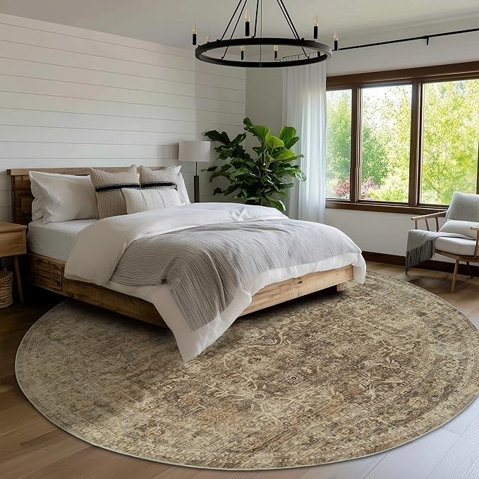 FMFUNCTEX 8ft Round Washable Area Rug Brown Vintage Neutral Distressed Large - Image 3