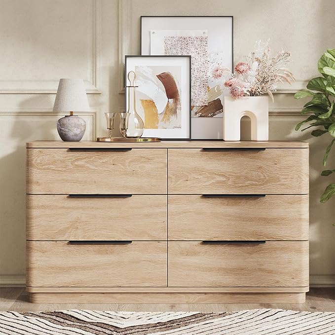 6 Drawer Dresser for Bedroom, Curved Profile Design, Wooden Oak Dresser Closet - Image 9