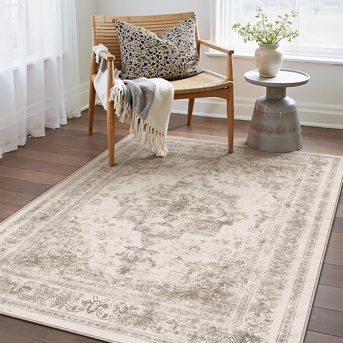 Area Rug 3x5 Washable Taupe Rug Vintage Boho Medallion Entryway Door Mat - Image 5