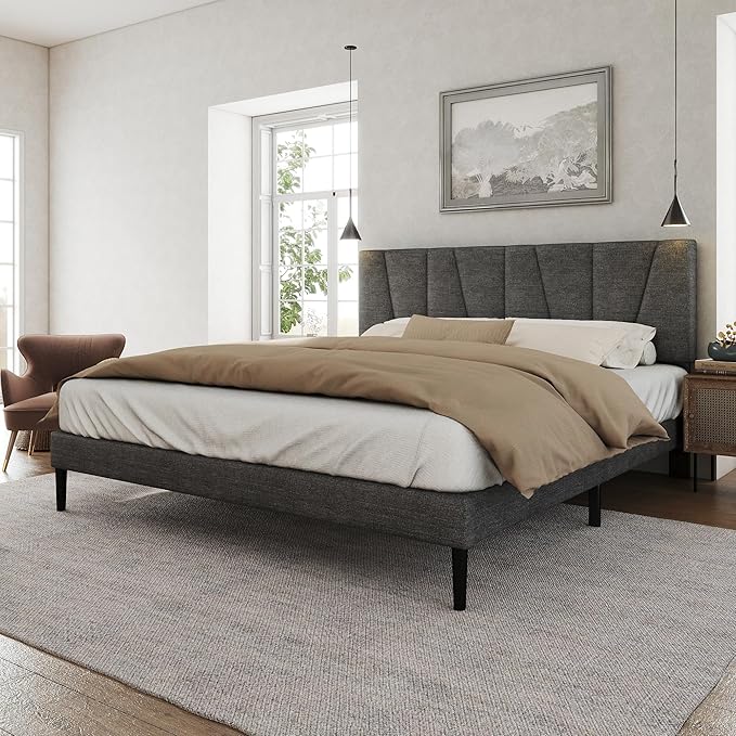 Full Size Bed Frame with Fabric Upholstered Headboard, Platform Bed with Wooden by HAOARA