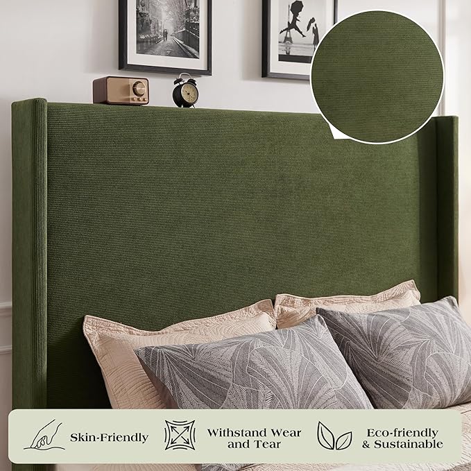 King Bed Frame with 65" Tall Headboard, Horizontal Fine Corduroy Bed Frame with - Image 4