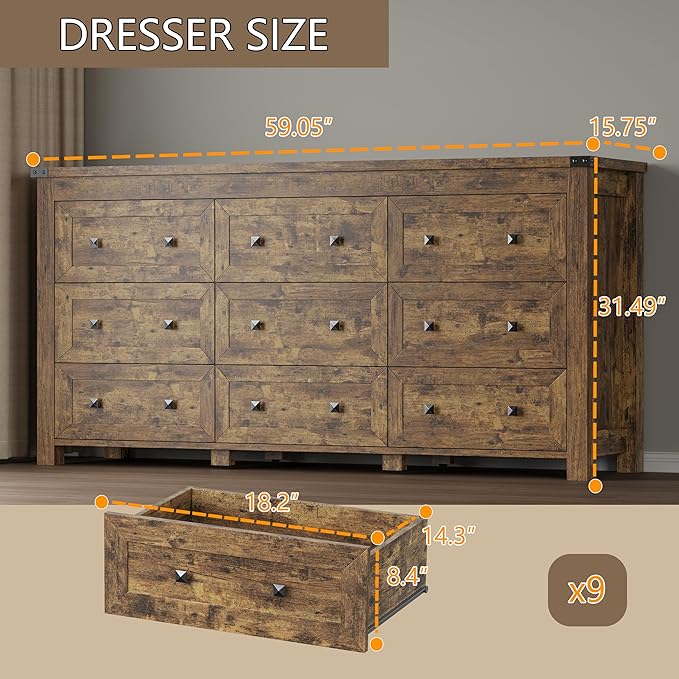 BORNOON 9-Drawer Dresser, Modern Wooden Storage Chest of Drawers, Dresser TV - Image 2
