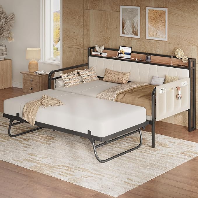 LIKIMIO Daybed with Trundle Bed, Twin XL Bed Frame with Storage Headboard and by LIKIMIO