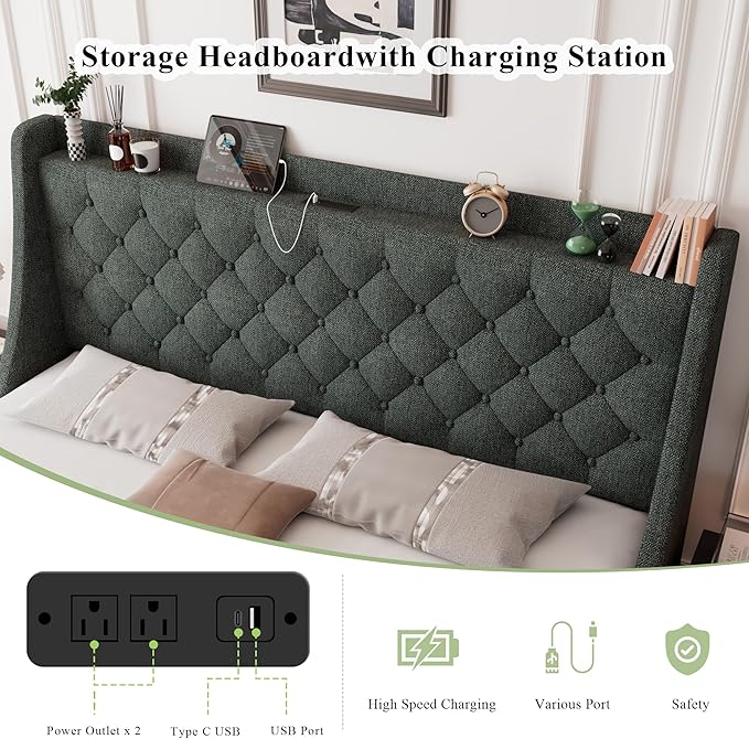 Feonase Queen Bed Frame with 4 Storage Drawers, Upholstered Storage Bed with - Image 5