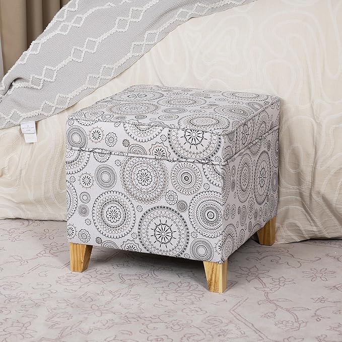 Adeco 17" Square Ottoman with Storage, Small Mandala-Persian Flower Pattern by Adeco