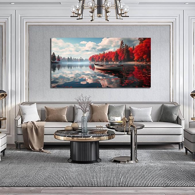 Large Wall Art for Living Room Bedroom Office Red Forest Wall Art Lake - Image 3