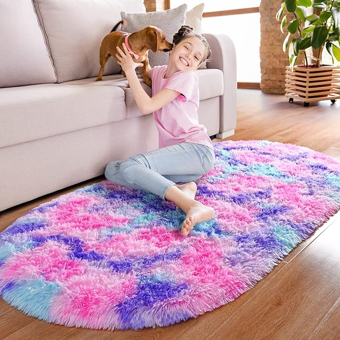 Noahas Oval Fluffy Hot Pink Rainbow Rug 2.6X5.3 Small Kids Rugs - Image 2