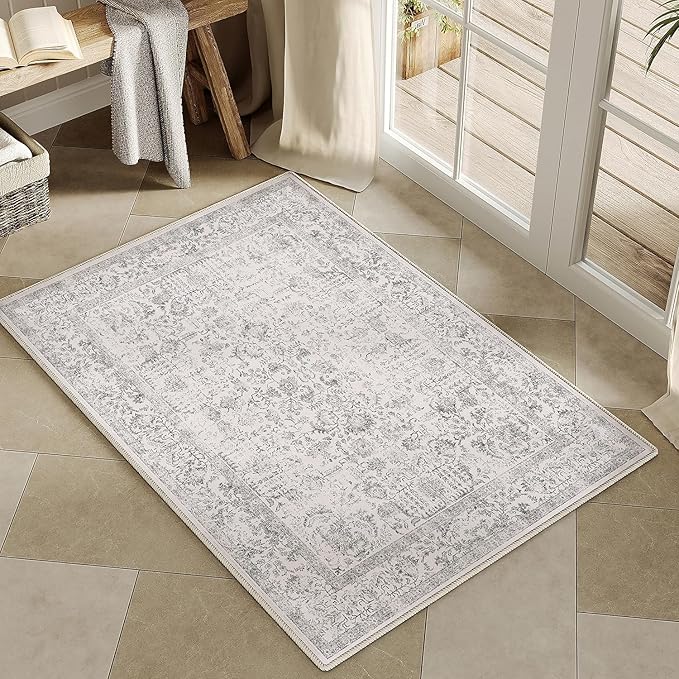 Gray Entryway Area Rug 2x3 Door Mat Machine Washable Kitchen Vintage Distressed by PureCozy