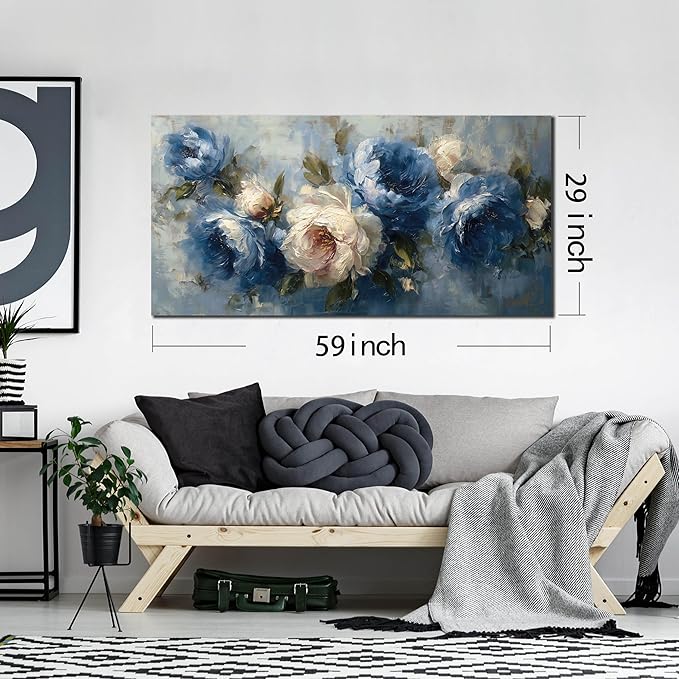 JuhaiArt Blue Wall Art Bedroom Large Flower Canvas Wall Decor Peony Floral - Image 6
