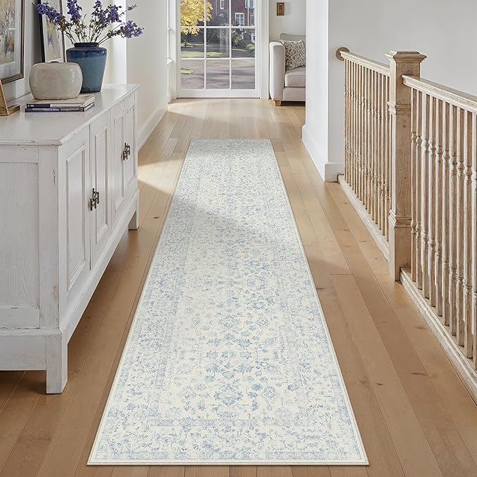 2x10 Blue Runner Rug Hallway Non Slip Kitchen Vintage Distressed Long Carpet by PureCozy