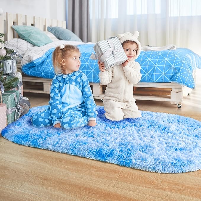 Noahas Oval Fluffy Blue Rainbow Rug 2.6X5.3 Small Kids Rugs - Image 7