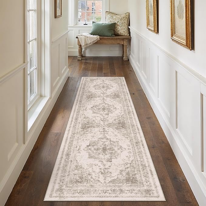 Runner Rug 2x8 Beige Hallway Washable Carpet Non Slip Vintage Medallion Carpet by PureCozy