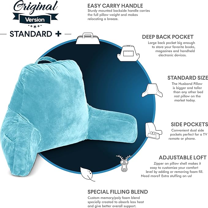 Husband Pillow Carolina Blue, Original Reading Pillow in Bed Rest Chair - Image 5