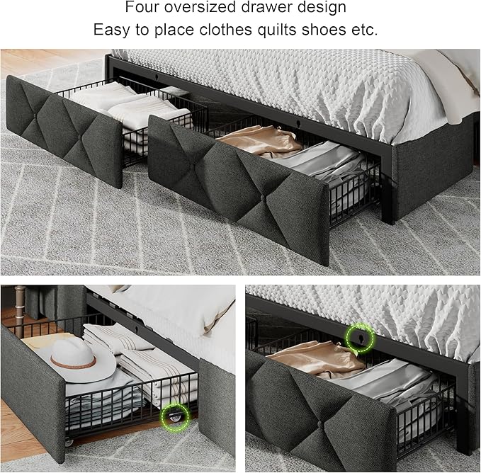 Feonase Queen Bed Frame with 4 Storage Drawers, Upholstered Button Tufted - Image 3