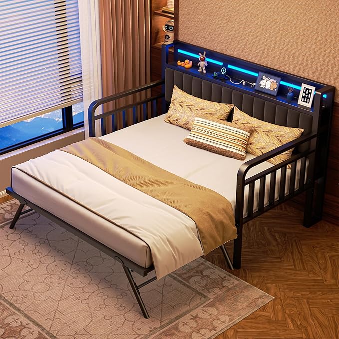 Daybed with Trundle and LED Light, Heavy Duty Metal Twin Bed Frame with - Image 3