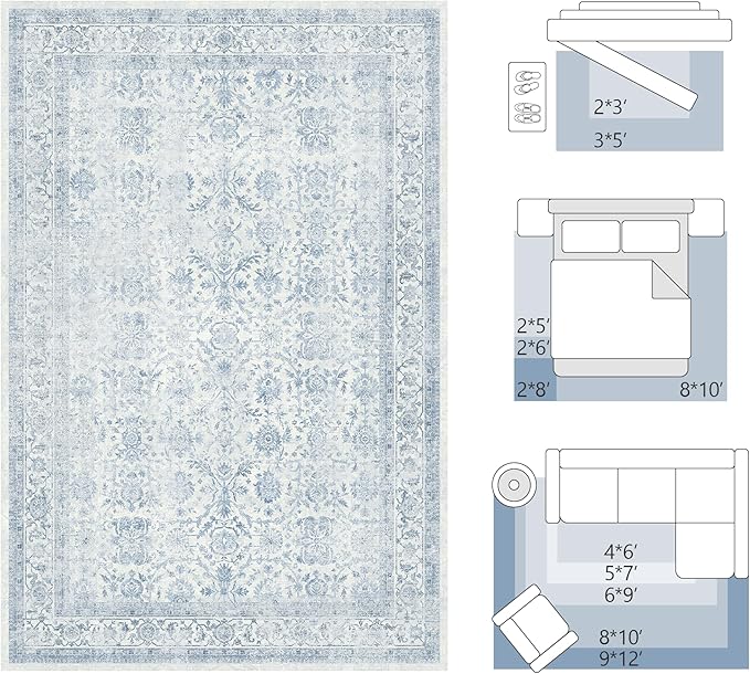 FMFUNCTEX 5x7 Washable Area Rug Blue Neutral Vintage Non Slip Low Pile - Image 3