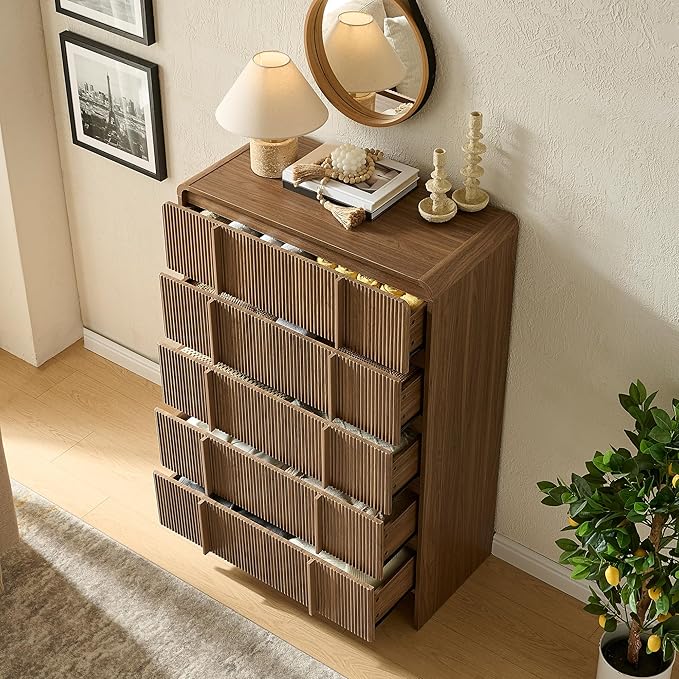 AMERLIFE Fluted 5 Drawer Dresser, Rounded Corners & Anti-Tip, Wood Drawer - Image 6