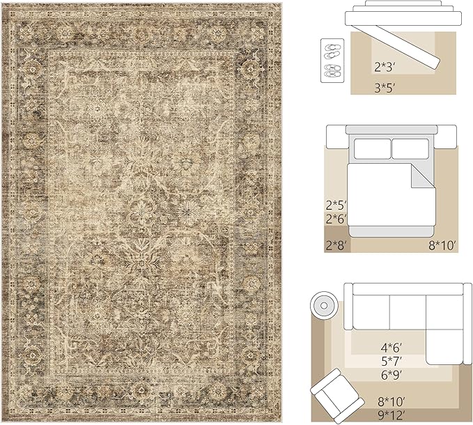 FMFUNCTEX 9x12 Washable Area Rug Brown Vintage Neutral Distressed Large Non - Image 2