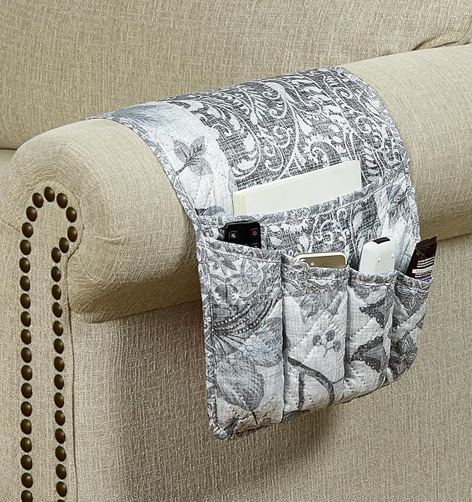 Brilliant Sunshine Grey Flowers Patchwork Couch Armrest 5 Pockets Organizer - Image 2