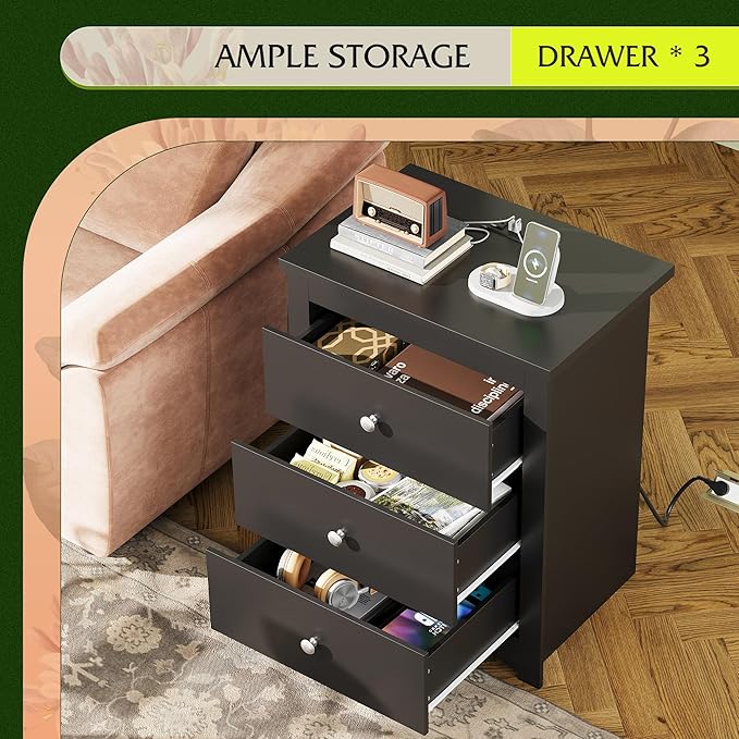 WLIVE Tall Nightstand with Charging Station, Wood Night Stand with 3 Drawers - Image 5