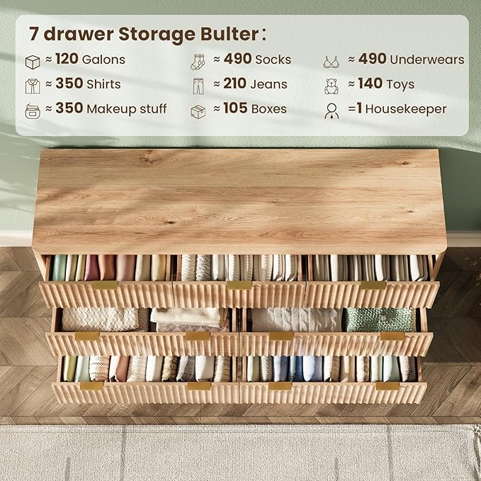 54'' Wide 7 Drawers Dresser for Bedroom, Modern Fluted Vertical Chest - Image 5