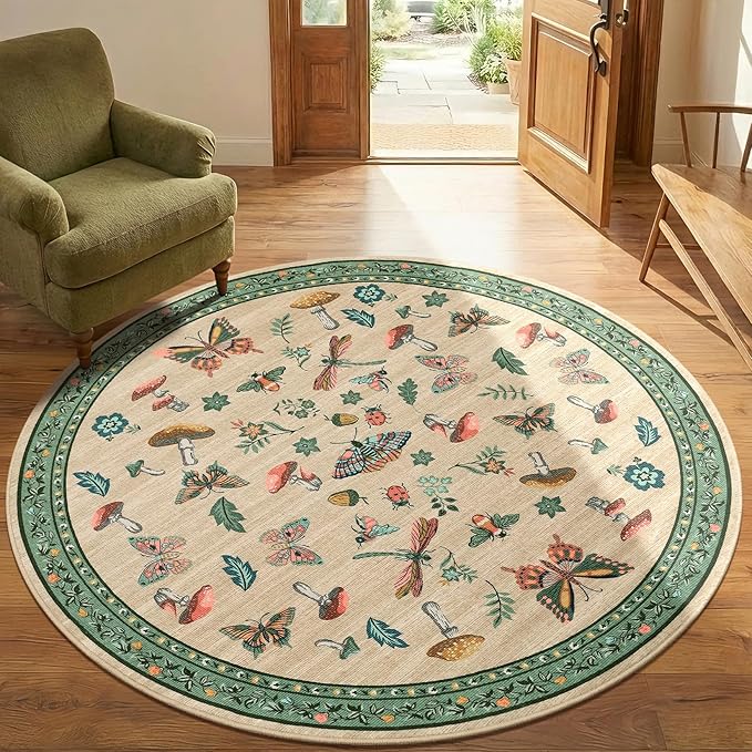 Mushroom Insect 7ft Round Rug Washable Non-Slip Soft Ultra-Thin Large Boho - Image 5