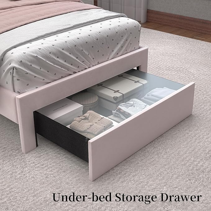 Twin LED Bed Frame with Storage Drawer, Velvet Upholstered Platform Beds with - Image 8