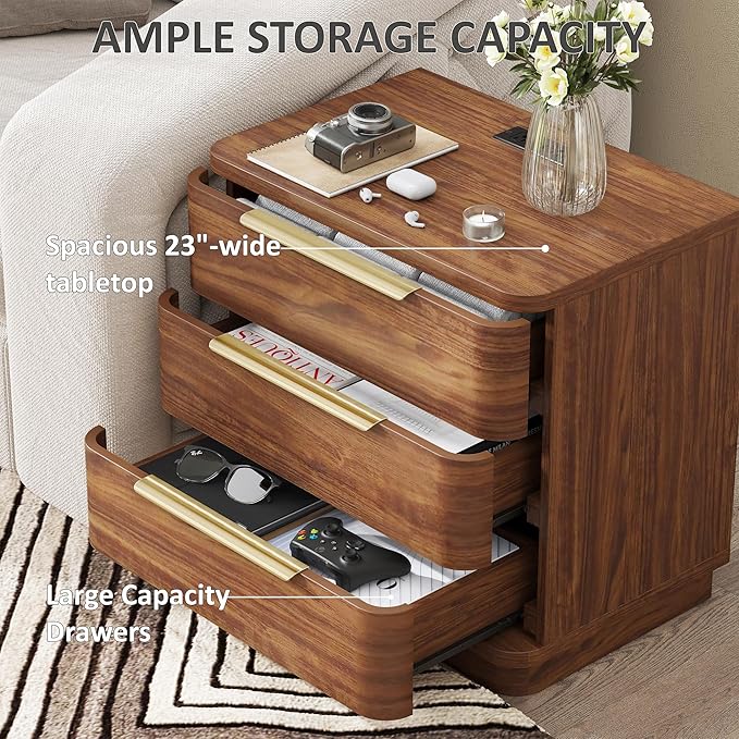 Nightstand Bedside Table with 3 Storage Drawers, Modern Wide End Table Side - Image 4