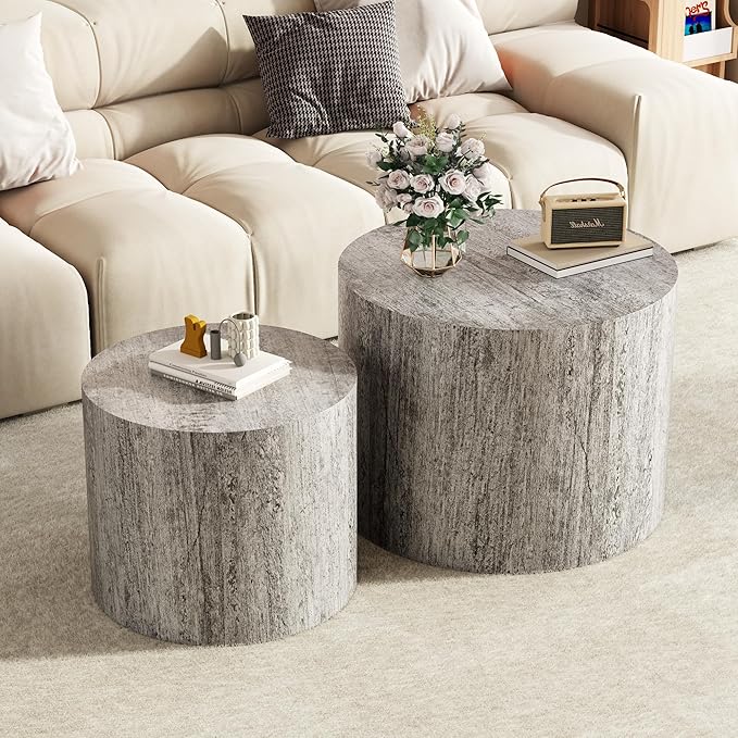 Nesting Coffee Table Set of 2, Round Dark Gray Nesting Table Modern Circle - Image 7