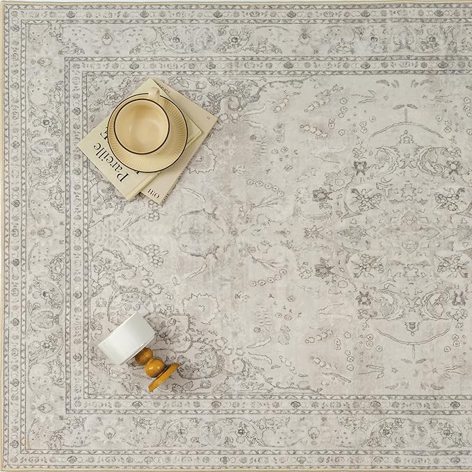 Beige 6x9 Area Rug Washable Vintage Carpet - Image 9