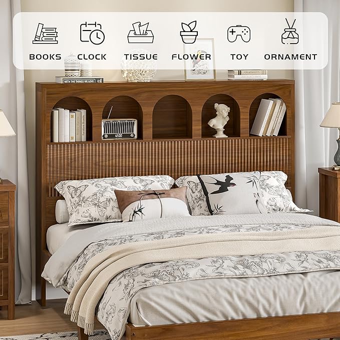 Queen Bed Frame with Storage Headboard 5 Arched Storage Compartments, 12.4 Inch - Image 5