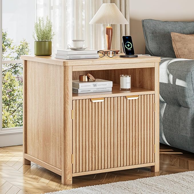 Fluted Nightstand with Charging Stations, 23.6" Wide Natural Oak Nightstand - Image 8