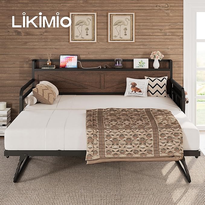 LIKIMIO Twin Daybed with Trundle Bed, Storage Headboard with Charging Station - Image 8