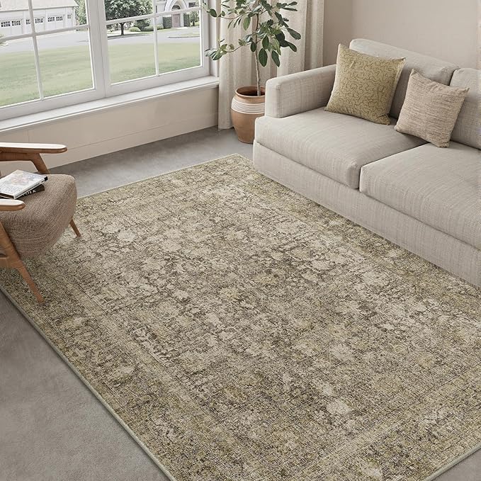 Brown Area Rug 6x9 Machine Washable Vintage Living Room Distressed Non Slip by PureCozy
