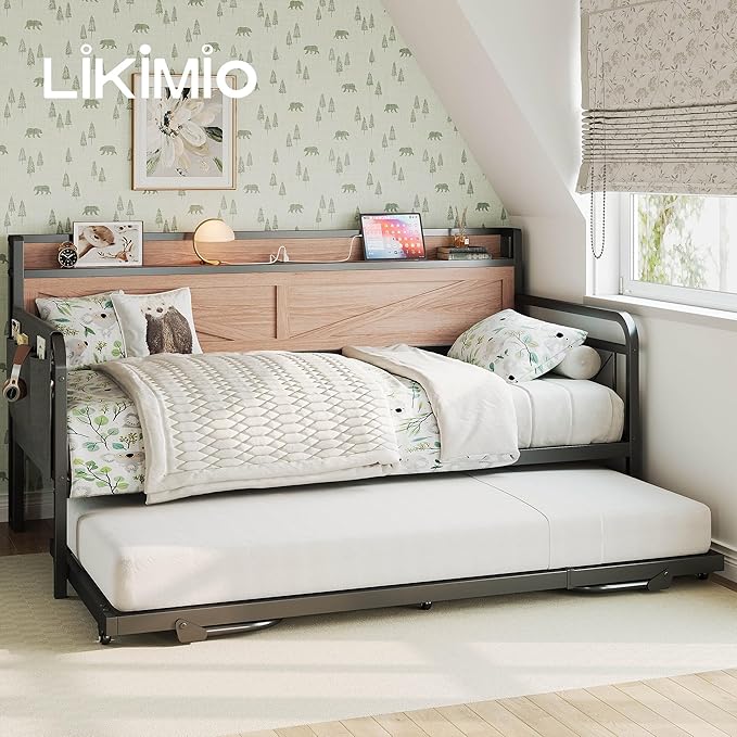 LIKIMIO Twin Daybed with Trundle Bed, Storage Headboard with Charging Station - Image 2