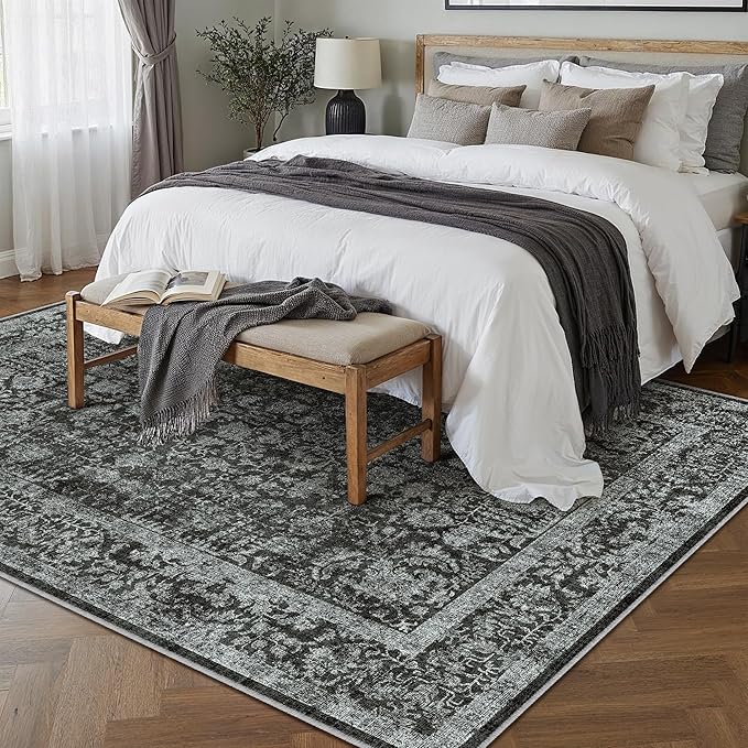 Dark Black Area Rug 8x10 Machine Washable Large Vintage Living Room Distressed - Image 6