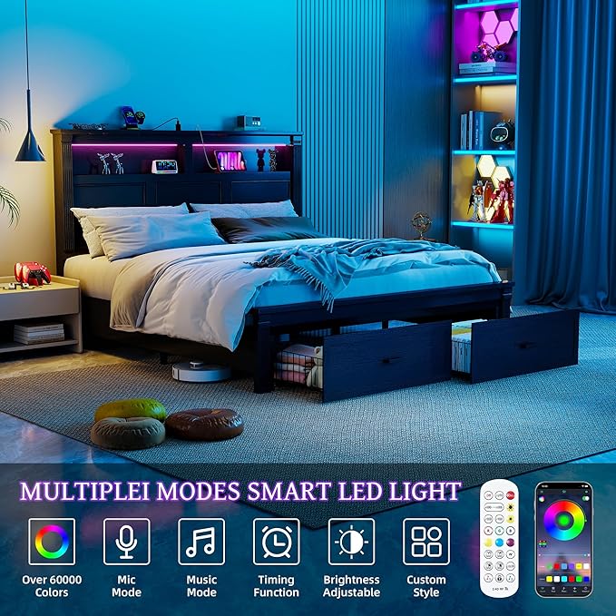 53" Tall King Bed Frame with Headboard and Storage, 2 Drawers and LED Built in - Image 4