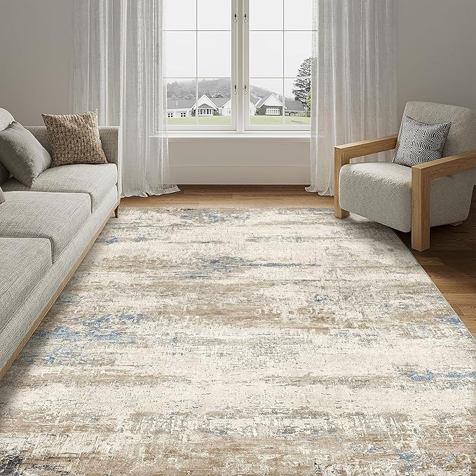 5x7 Area Rug Living Room Bedroom Carpet Washable Abstract Neutral Modern Beige by PureCozy