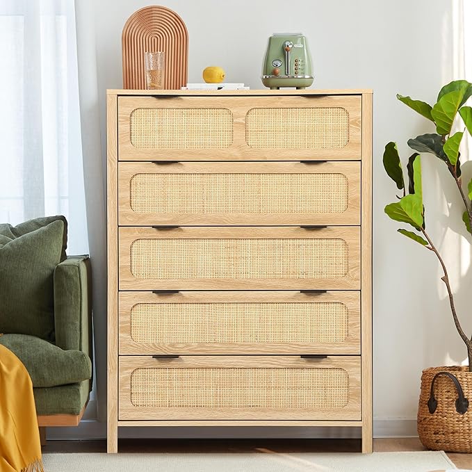 LEVNARY 5 Drawer Chest Dresser, Rattan Tall Dresser 5 Chest of Drawers Dressers by LEVNARY