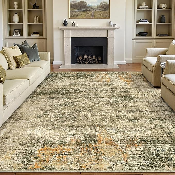 Area Rug 8x10 Brown Washable Non-Slip Lightweight Floral Vintage Distress Print by PureCozy