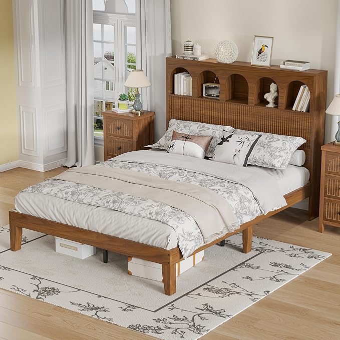 Queen Bed Frame with Storage Headboard 5 Arched Storage Compartments, 12.4 Inch - Image 8