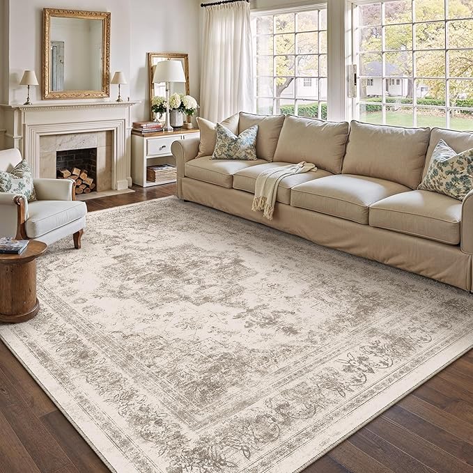 Area Rug 9x12 Beige Washable Living Room Carpet Non Slip Vintage Medallion by PureCozy