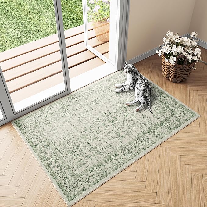 Sage Green Area Rug 2x3 Washable Vintage Distressed Entryway Carpet Non Slip - Image 5