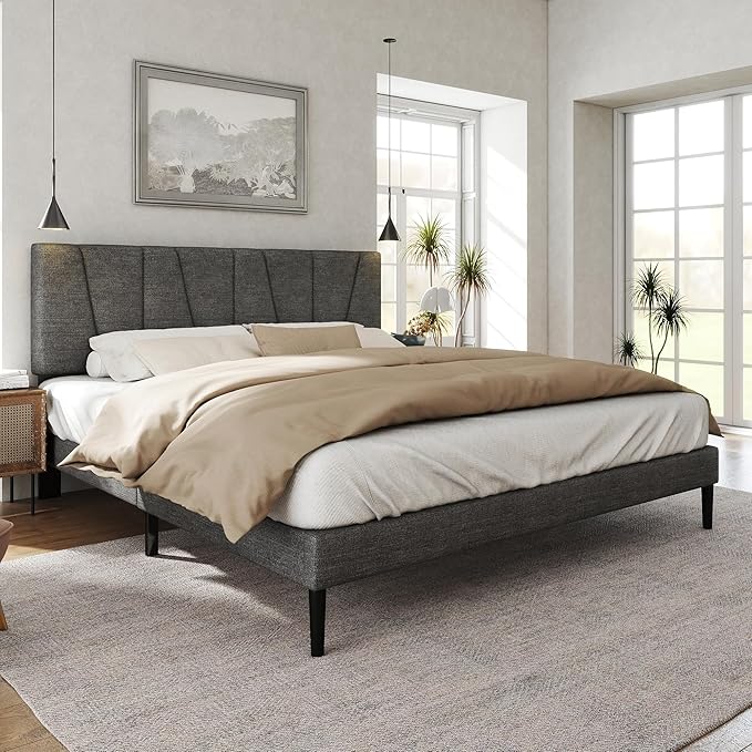 King Size Bed Frame with Fabric Upholstered Headboard, Platform Bed with Wooden - Image 3