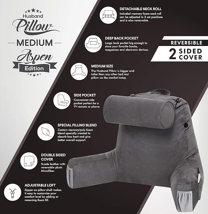 Husband Pillow Medium Aspen Edition Iron Grey, Sit Up Reading & Bed Rest - Image 5