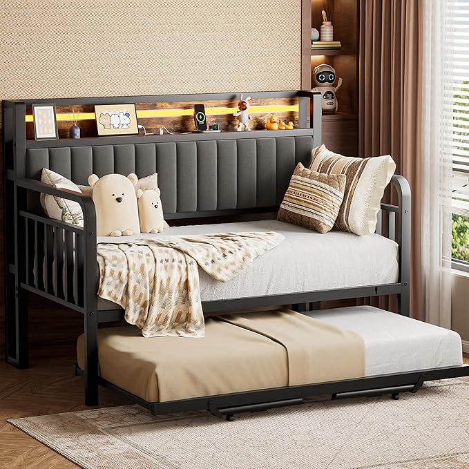 Daybed with Trundle and LED Light, Heavy Duty Metal Twin Bed Frame with by JOCOEVOL