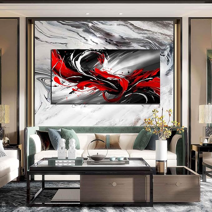 Black White and Red Abstract Print Picture Painting Large Canvas Wall Art - Image 3